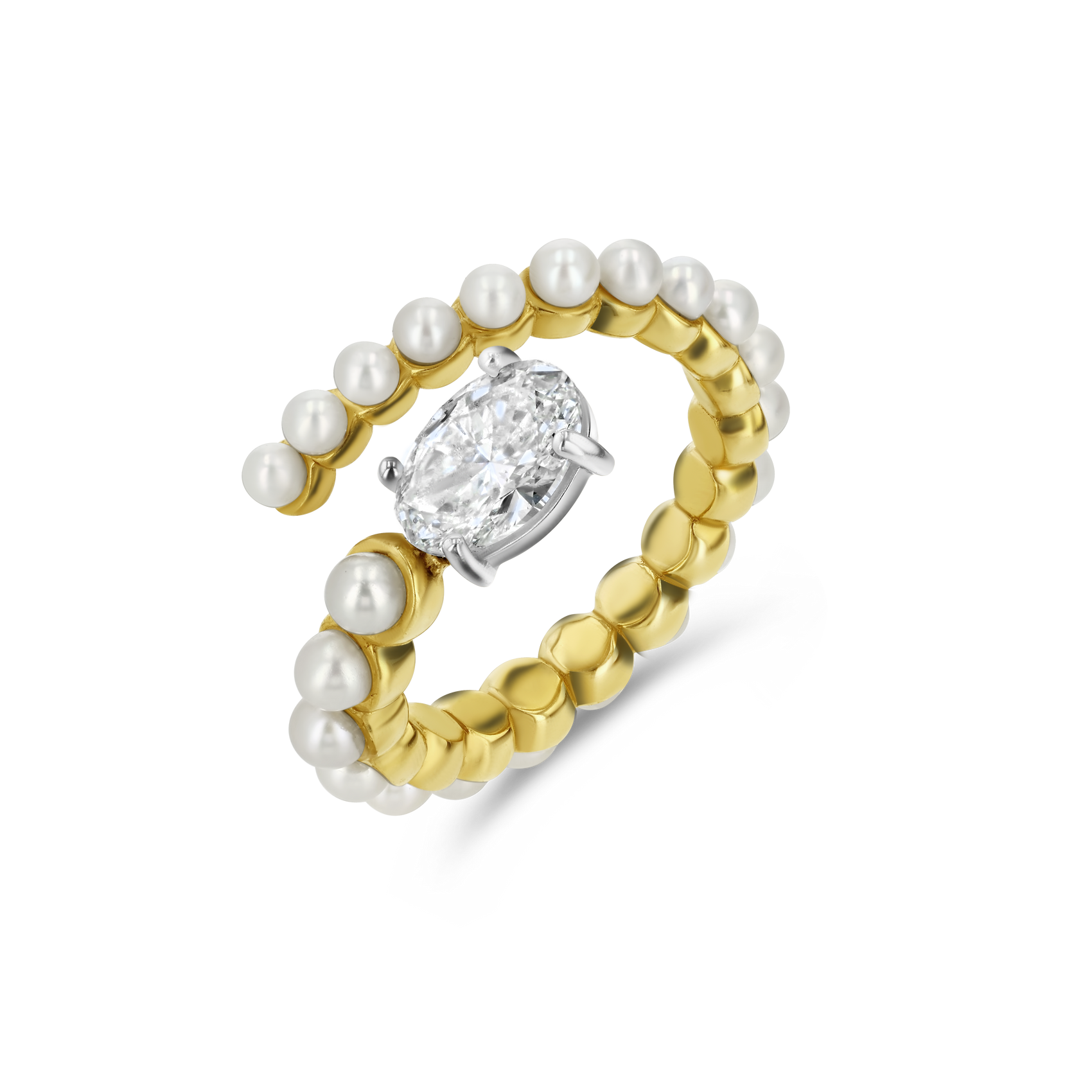 1.50Ct Pearl & Bead Diamond Wrap Ring – 18K Gold