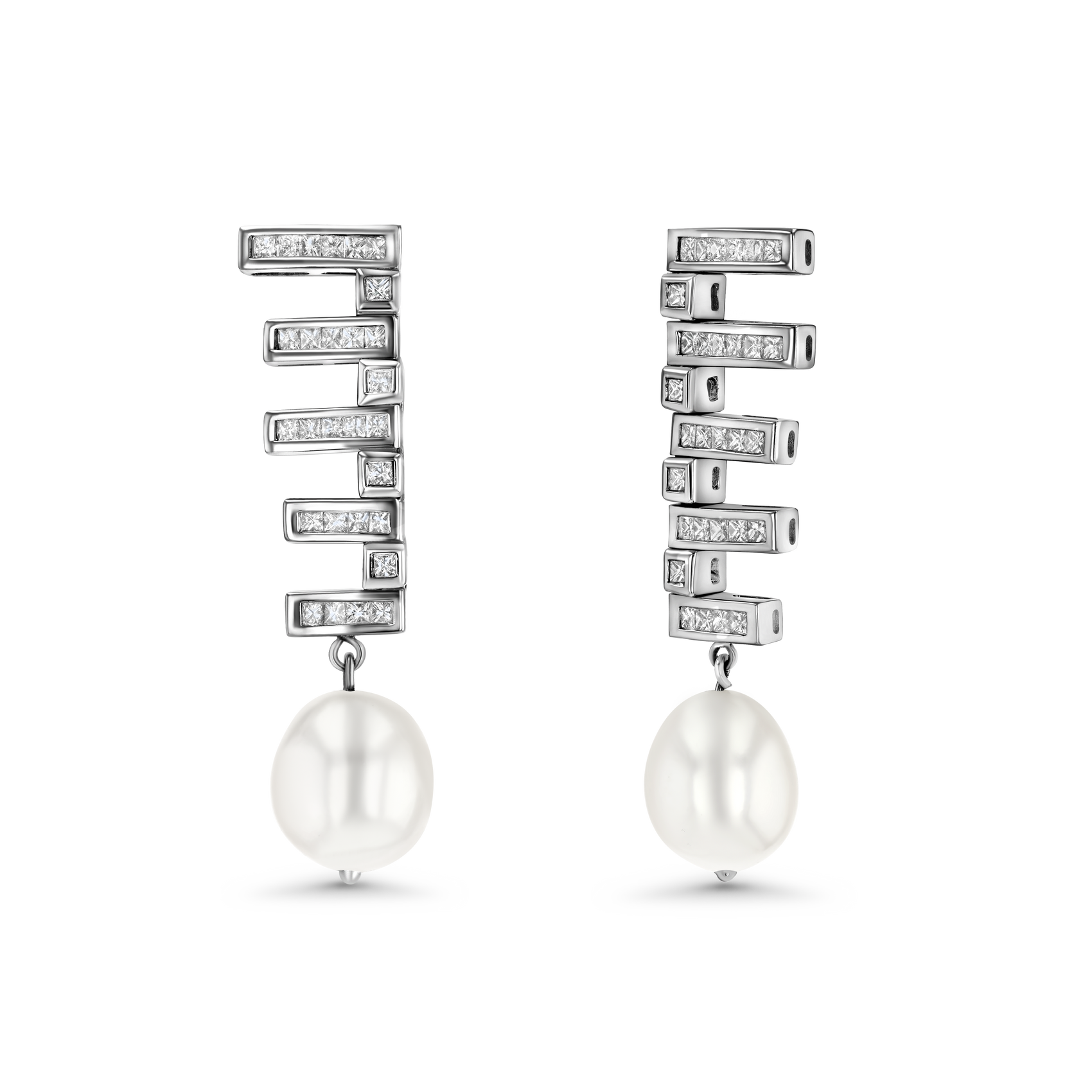 1.00Ct Diamond & Pearl Architectural Drop Earrings – 18K White Gold